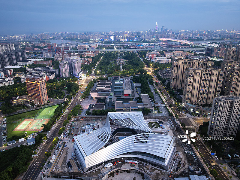 宁波镇海庄市同心湖公园航拍夜景图片素材