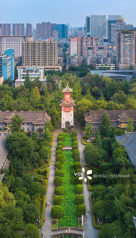 中国四川成都四川大学华西校区钟楼航拍图图片素材
