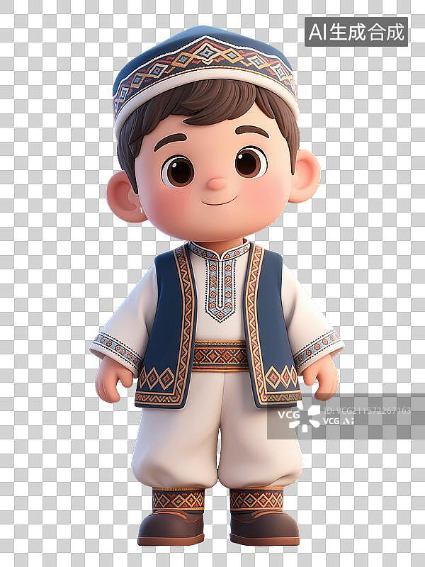 【AI数字艺术】身着民族服饰的维吾尔族卡通男孩形象图片素材