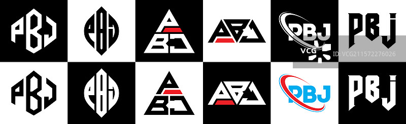 六种风格的PBJ字母标志设计，PBJ多边形图片素材