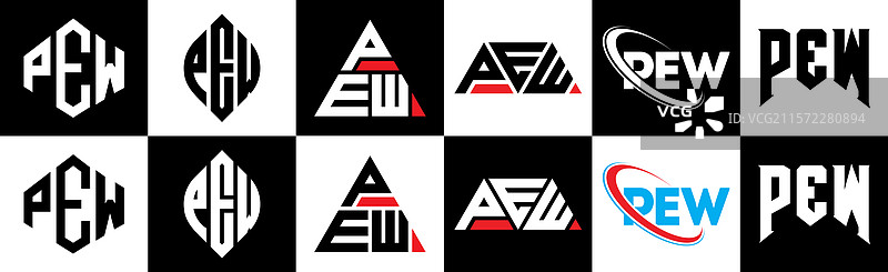 六种风格的Pew字母标志设计，Pew多边形图片素材