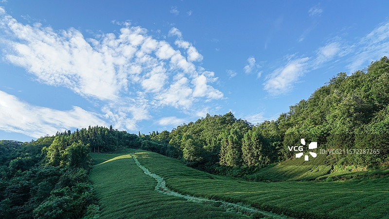 蓝天白云下的山林田园风光图片素材