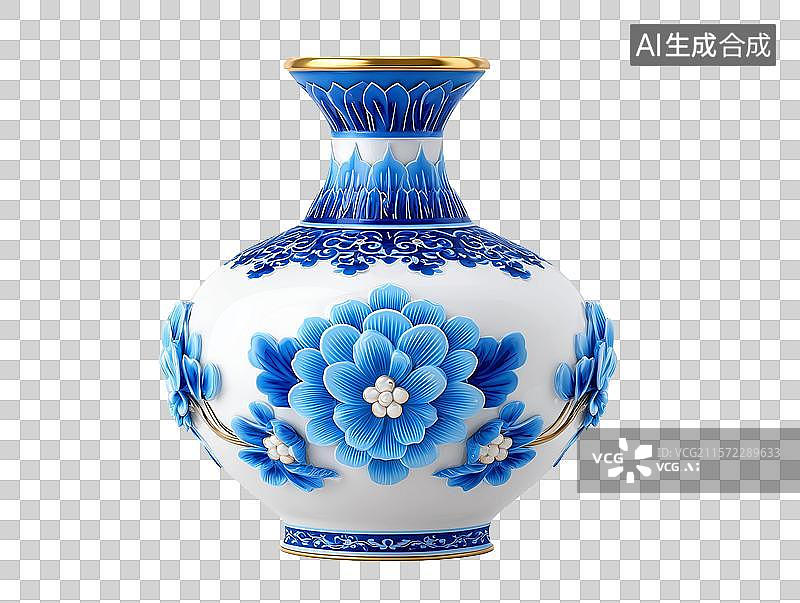 【AI数字艺术】【免抠png素材】一个蓝色的瓷器花瓶图片素材