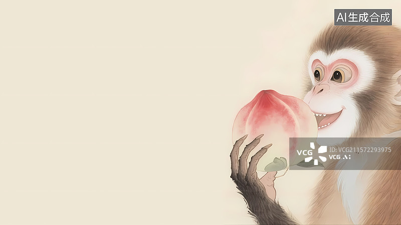【AI数字艺术】猴子吃桃留白背景水墨画居右图片素材