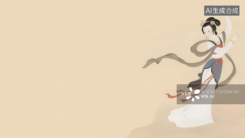 【AI数字艺术】古代跳舞仕女留白背景水墨画居右图片素材