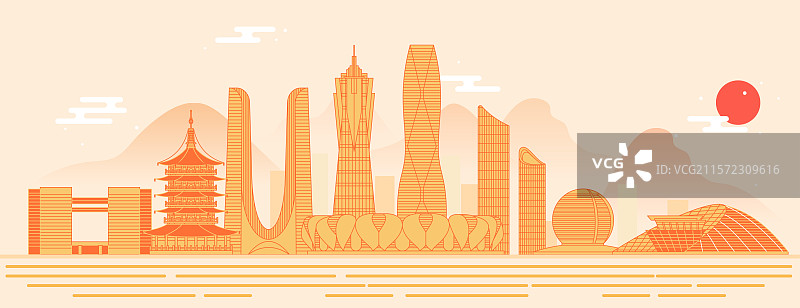 杭州复古黄地标建筑城市天际线新中式图片素材