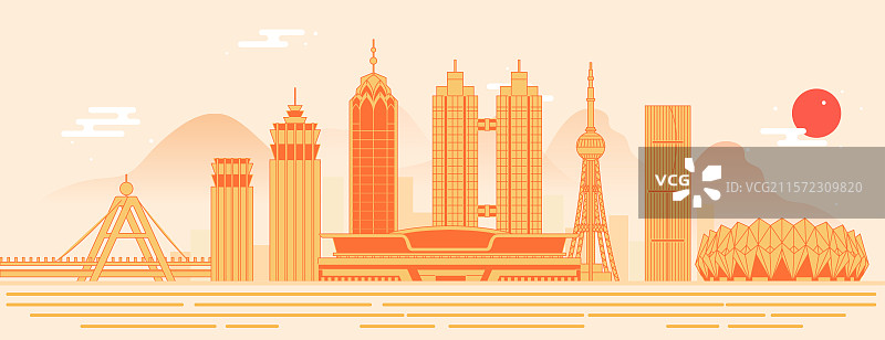 西宁复古黄地标建筑城市天际线新中式图片素材