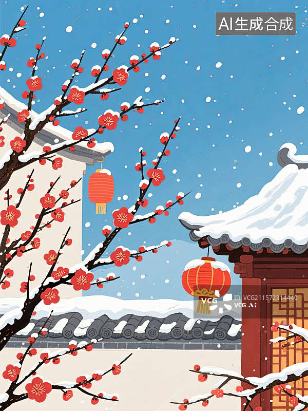 【AI数字艺术】红色梅花，红灯笼，雪花，屋檐，冬天小雪大雪冬至小寒大寒节气图片素材