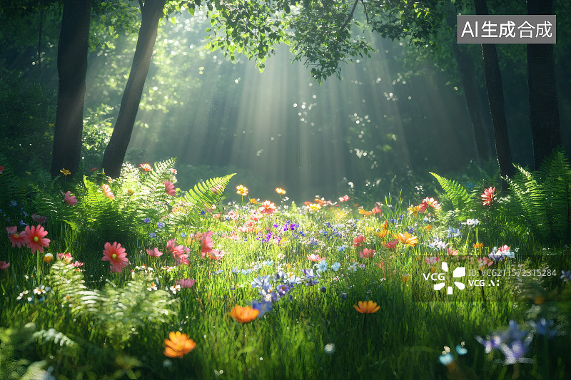 【AI数字艺术】阳光照射在丛林草地上，一大片野花，丁达尔光图片素材