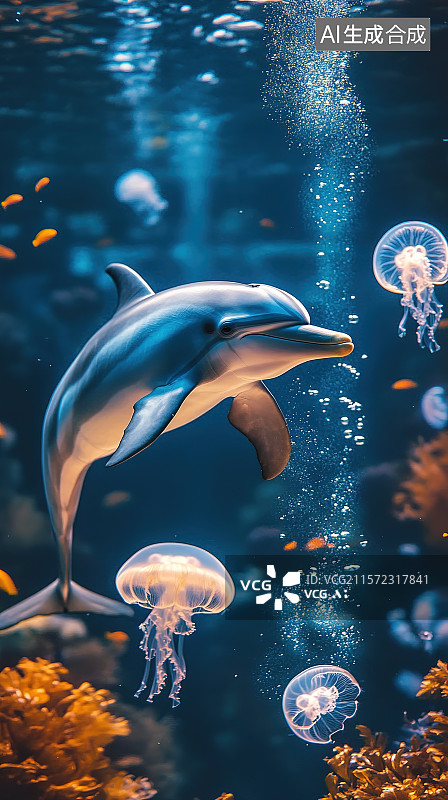 【AI数字艺术】世界动物日插画海洋馆海底世界中海豚水母欢快游动图片素材