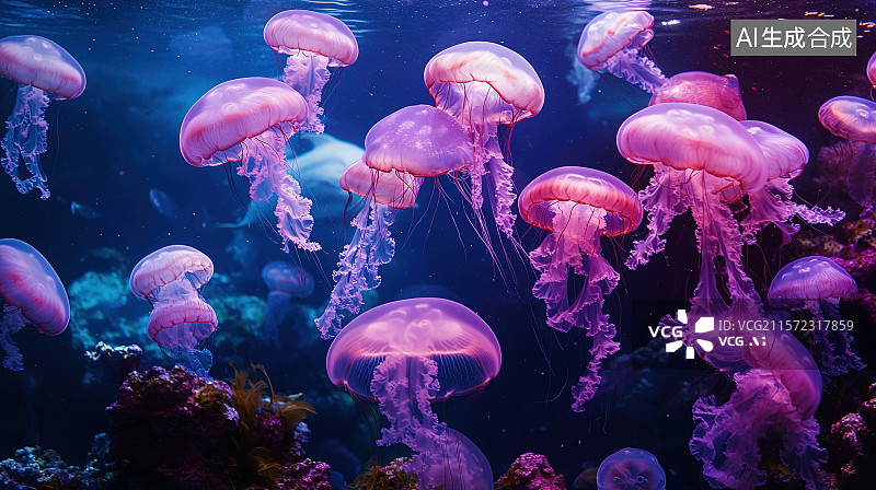 【AI数字艺术】世界动物日插画海洋馆海底世界中海豚水母欢快游动图片素材