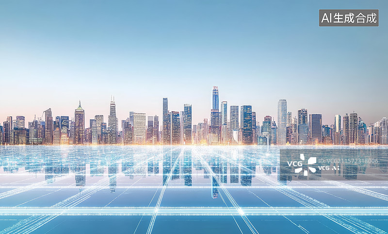 【AI数字艺术】未来城市天际线与科技网格图片素材