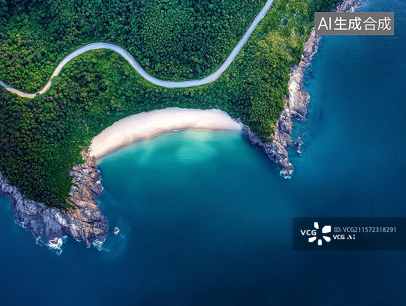 【AI数字艺术】蜿蜒山路与碧海沙滩的空中俯瞰图片素材