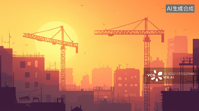 【AI数字艺术】建筑工地日落剪影插画图片素材