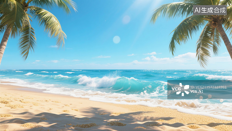 【AI数字艺术】3D写实夏日海滩强烈阳光海浪带泡沫金色沙滩颗粒质感棕榈树叶细节纹理晴朗蓝天图片素材