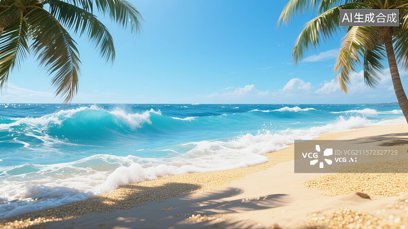 【AI数字艺术】3D写实夏日海滩强烈阳光海浪带泡沫金色沙滩颗粒质感棕榈树叶细节纹理晴朗蓝天图片素材