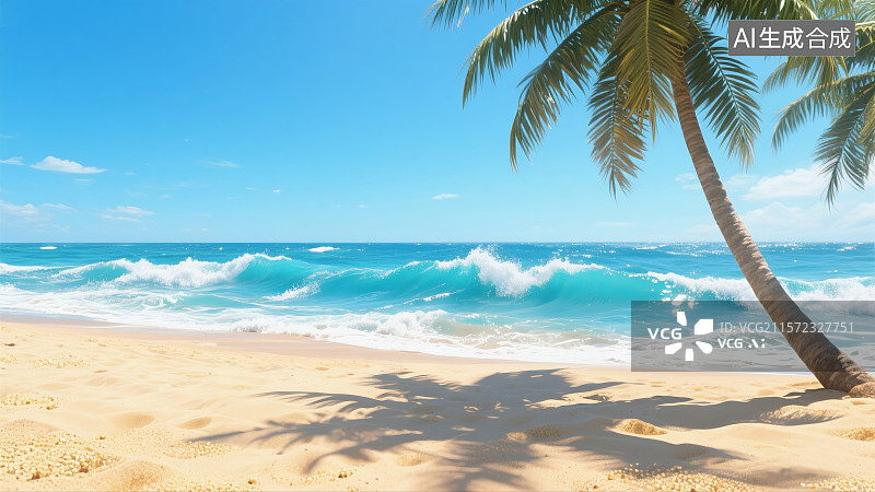 【AI数字艺术】3D写实夏日海滩强烈阳光海浪带泡沫金色沙滩颗粒质感棕榈树叶细节纹理晴朗蓝天图片素材