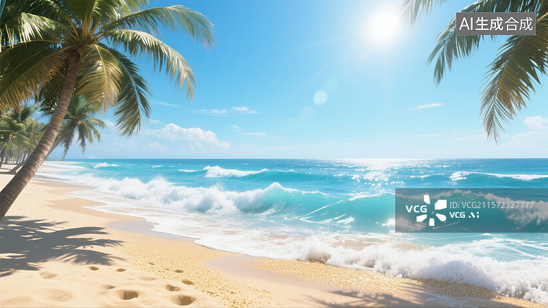 【AI数字艺术】3D写实夏日海滩强烈阳光海浪带泡沫金色沙滩颗粒质感棕榈树叶细节纹理晴朗蓝天图片素材