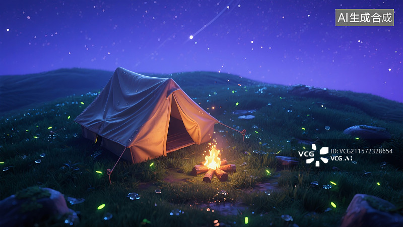 【AI数字艺术】3d露营帐篷篝火夜晚萤火虫发光场景图片素材