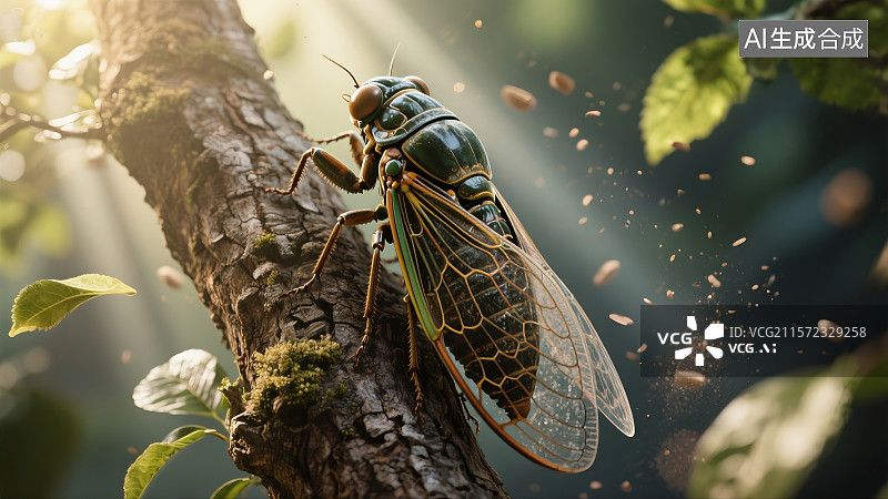 【AI数字艺术】蝉在树干上夏日自然阳光洒落场景图片素材