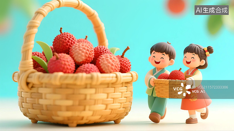 【AI数字艺术】3D立体三维C4D夏天两个人可爱快乐男孩女孩儿童搬运荔枝到竹编篮子图片素材