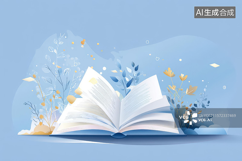 【AI数字艺术】绿植环绕的翻开书本与文具静物图片素材