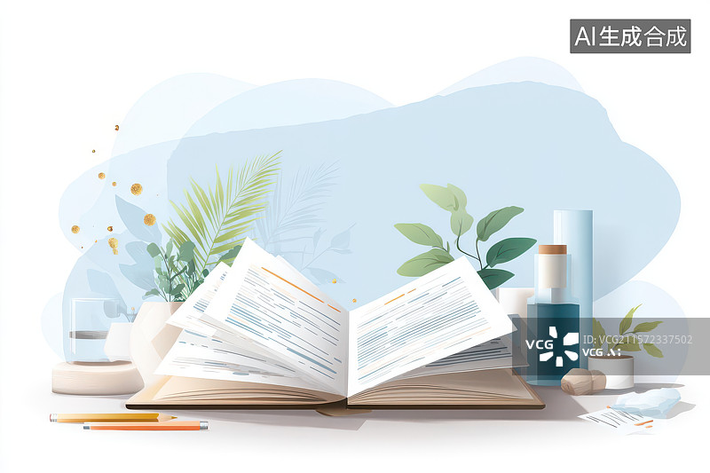 【AI数字艺术】绿植环绕的翻开书本与文具静物图片素材