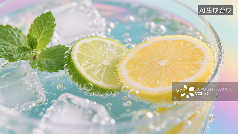【AI数字艺术】柠檬片薄荷叶苏打水气泡，夏季冰爽饮品饮料图片素材