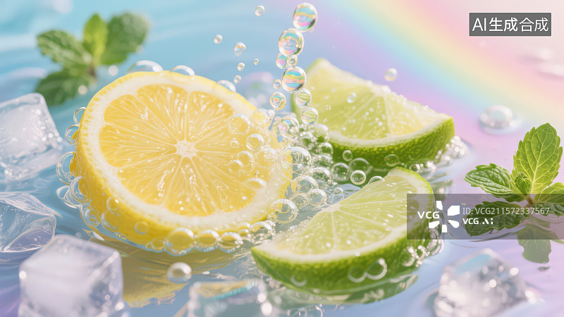 【AI数字艺术】柠檬片薄荷叶苏打水气泡，夏季冰爽饮品饮料图片素材