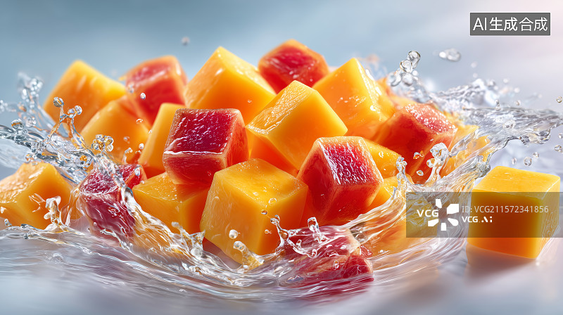 【AI数字艺术】芒果切片与水花的清新组合图片素材