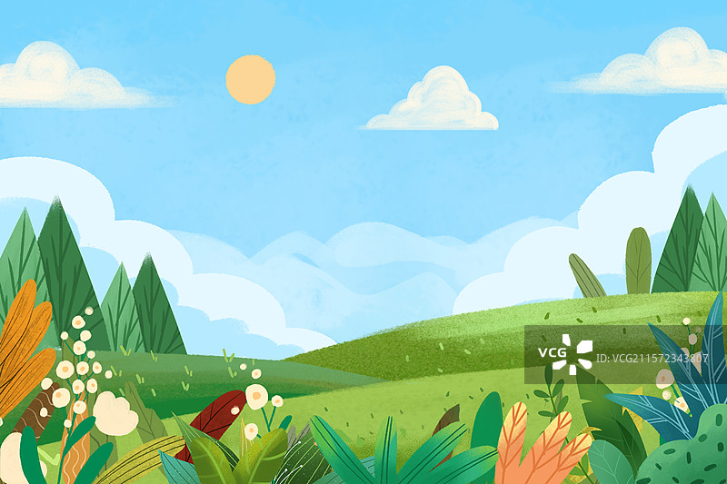 手绘公园清新风格绿色风景插画 蓝天白云背景 绿色远山和草地风景 夏天暑假度假胜地 横版图片素材
