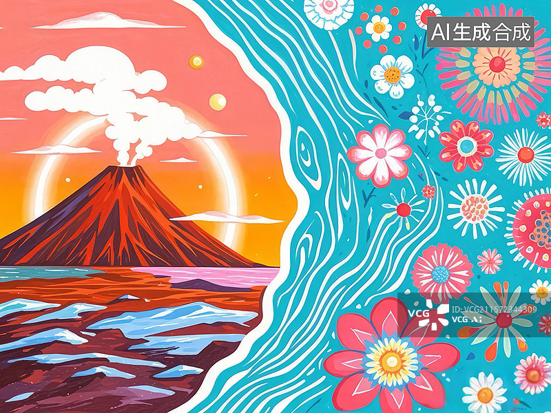 【AI数字艺术】火山与花海的奇幻景观图片素材