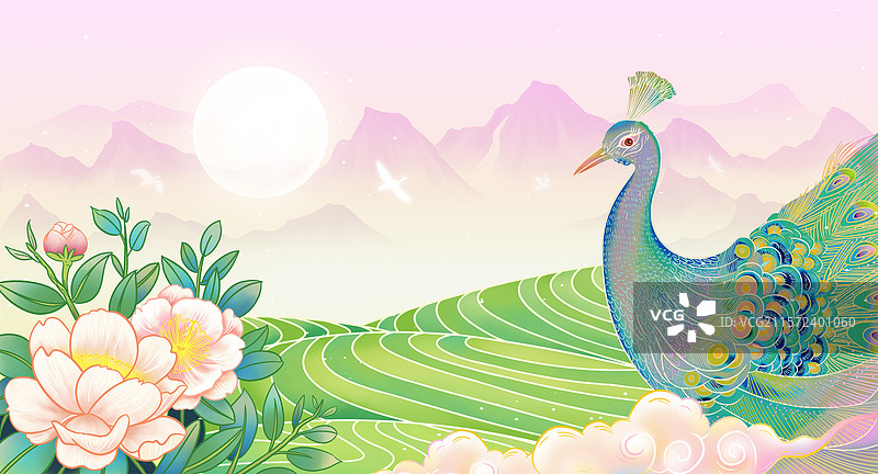 孔雀茶园茶花春天自然风光插画图片素材