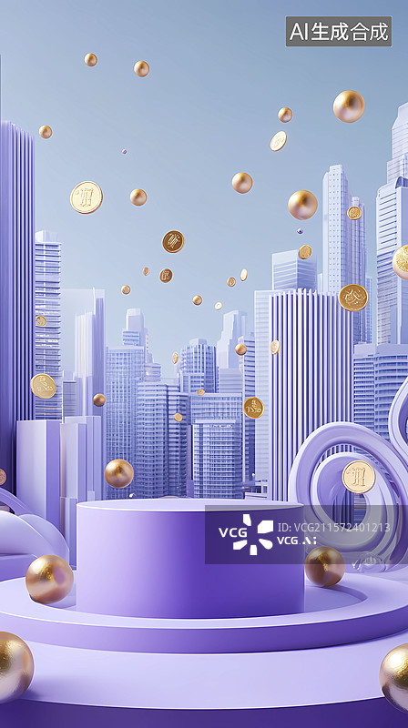 【AI数字艺术】数码科技紫色城市展台插画海报背景图片素材