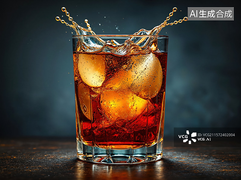 【AI数字艺术】冰块飞溅的威士忌图片素材