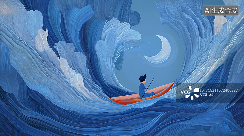 【AI数字艺术】海上独行者：波涛中的小舟图片素材