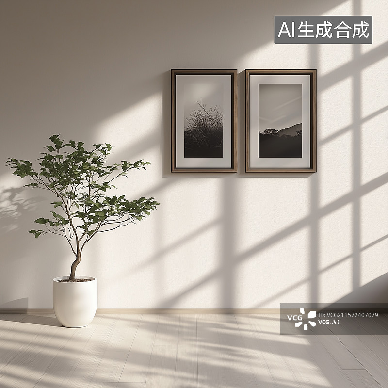 【AI数字艺术】禅意现代空间：斜阳影绰中的极简美学图片素材