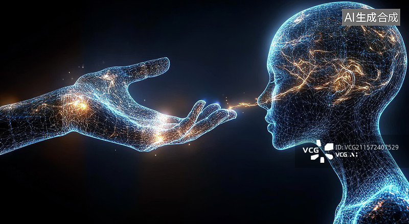 【AI数字艺术】光点传递，人脑与手的互动图片素材