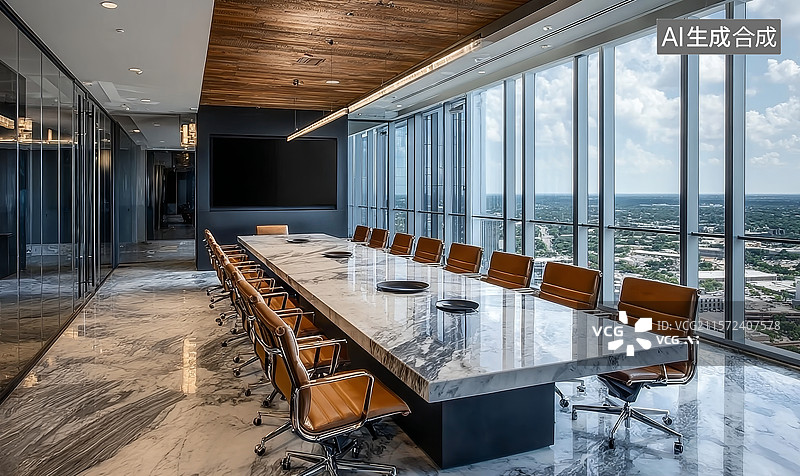 【AI数字艺术】现代会议室全景，大理石桌与落地窗图片素材