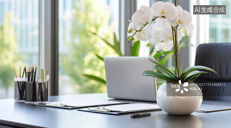 【AI数字艺术】办公桌上的白色兰花与笔记本电脑图片素材