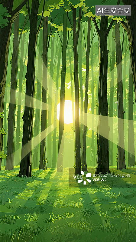 【AI数字艺术】树林，阳光光束，丁达尔效应，风景，插画图片素材
