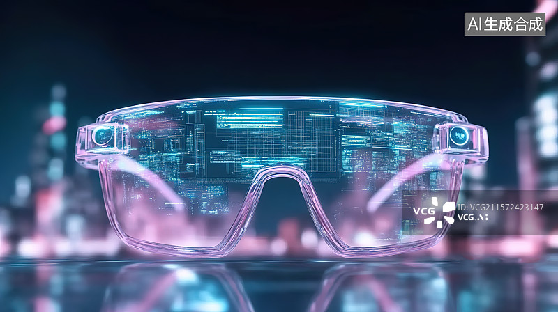 【AI数字艺术】赛博朋克风城市夜景背景下的可穿戴设备VR眼镜图片素材