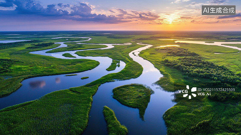 【AI数字艺术】夕阳下的河流图片素材