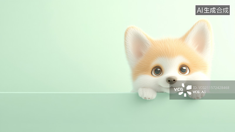 【AI数字艺术】可爱的小狗从绿色墙壁后探头张望图片素材