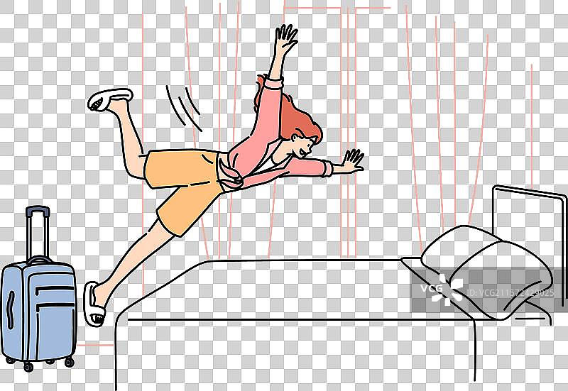 快乐的女性游客在酒店床上跳跃欢庆图片素材