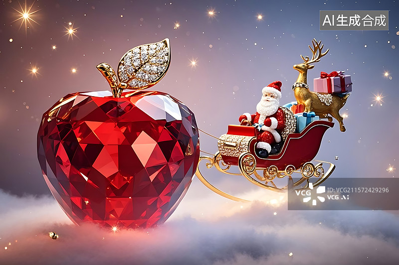 【AI数字艺术】圣诞水晶苹果与雪橇图片素材