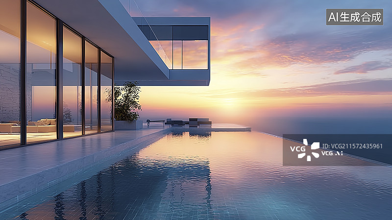 【AI数字艺术】海边悬崖别墅落日美景图片素材