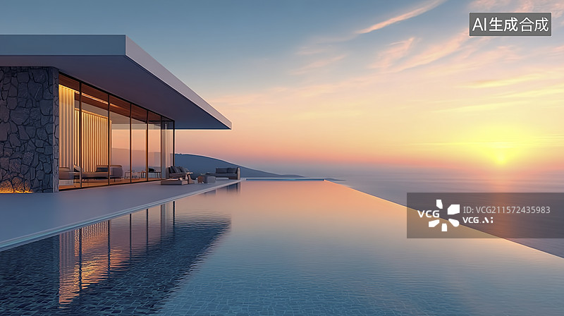 【AI数字艺术】海边悬崖别墅落日美景图片素材
