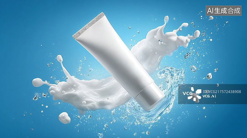 【AI数字艺术】护肤品洗面奶洁面乳面霜瓶子水花特写图片素材