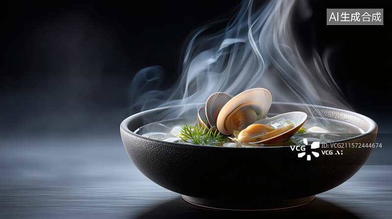 【AI数字艺术】蒸汽腾腾海鲜蛤蜊汤图片素材